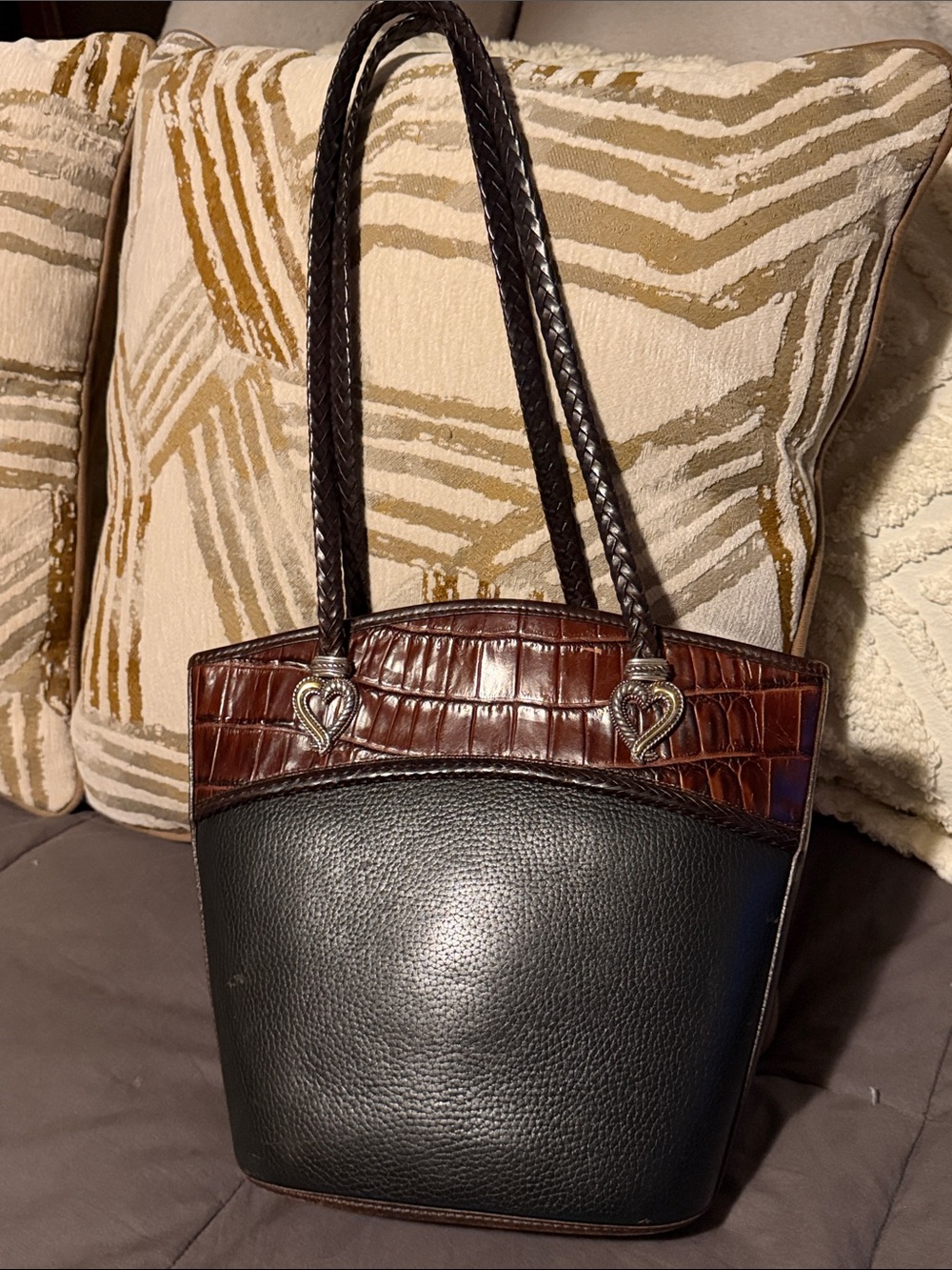 Classic Two-Tone Leather Tote Bag in Black and Brown